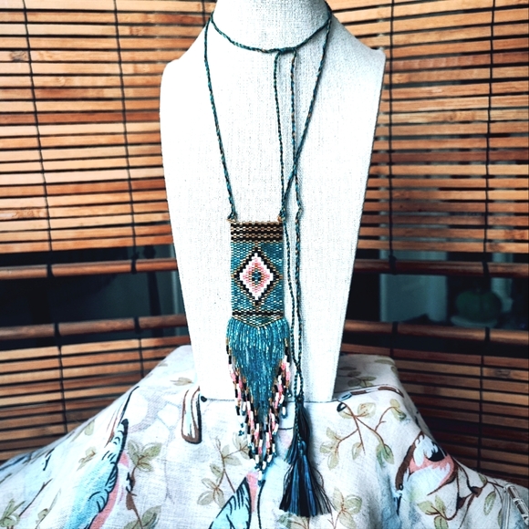 Light Blue Pink Black White Seed Bead Vintage Corded Slide Necklace Loom Work - Picture 5 of 12